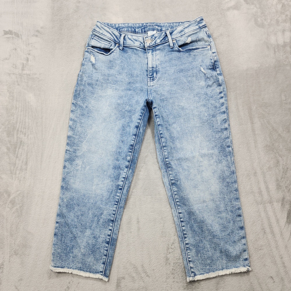 Time And Tru Jeans Womens 12 Blue Acid Wash Mid Rise Raw Hem Crop Capri Stretch